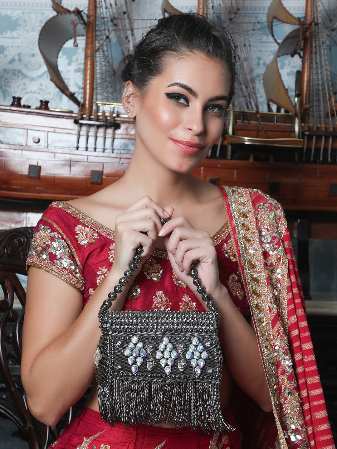 

ODETTE Black Embellished Swagger Sling Bag with Tasselled