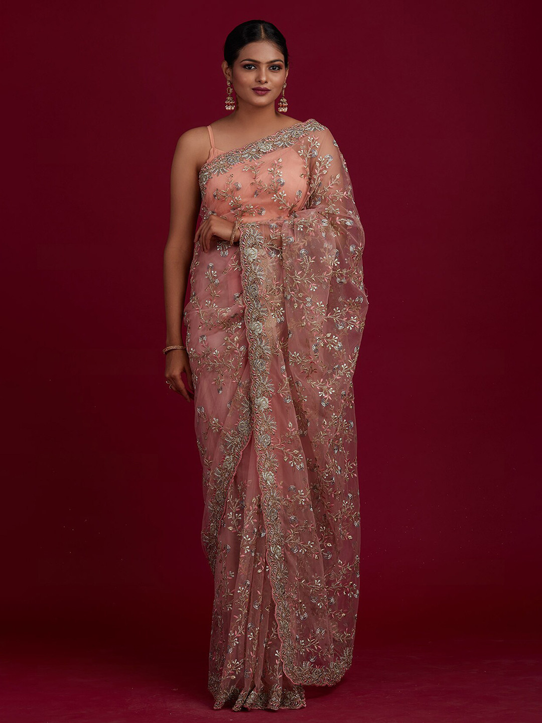 

Koskii Pink & Silver-Toned Floral Embroidered Supernet Saree