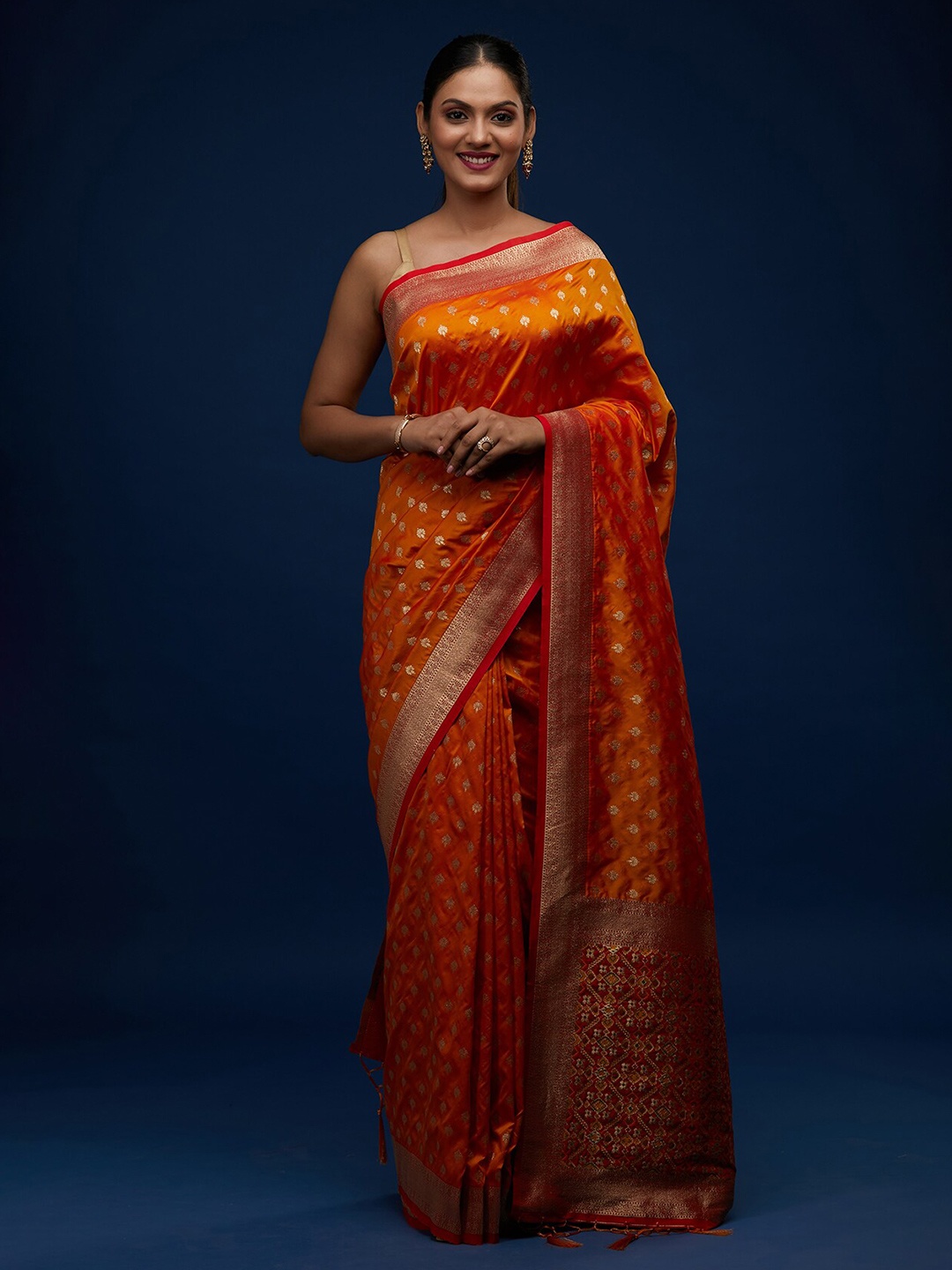 

Koskii Mustard & Red Woven Design Zari Brocade Banarasi Saree