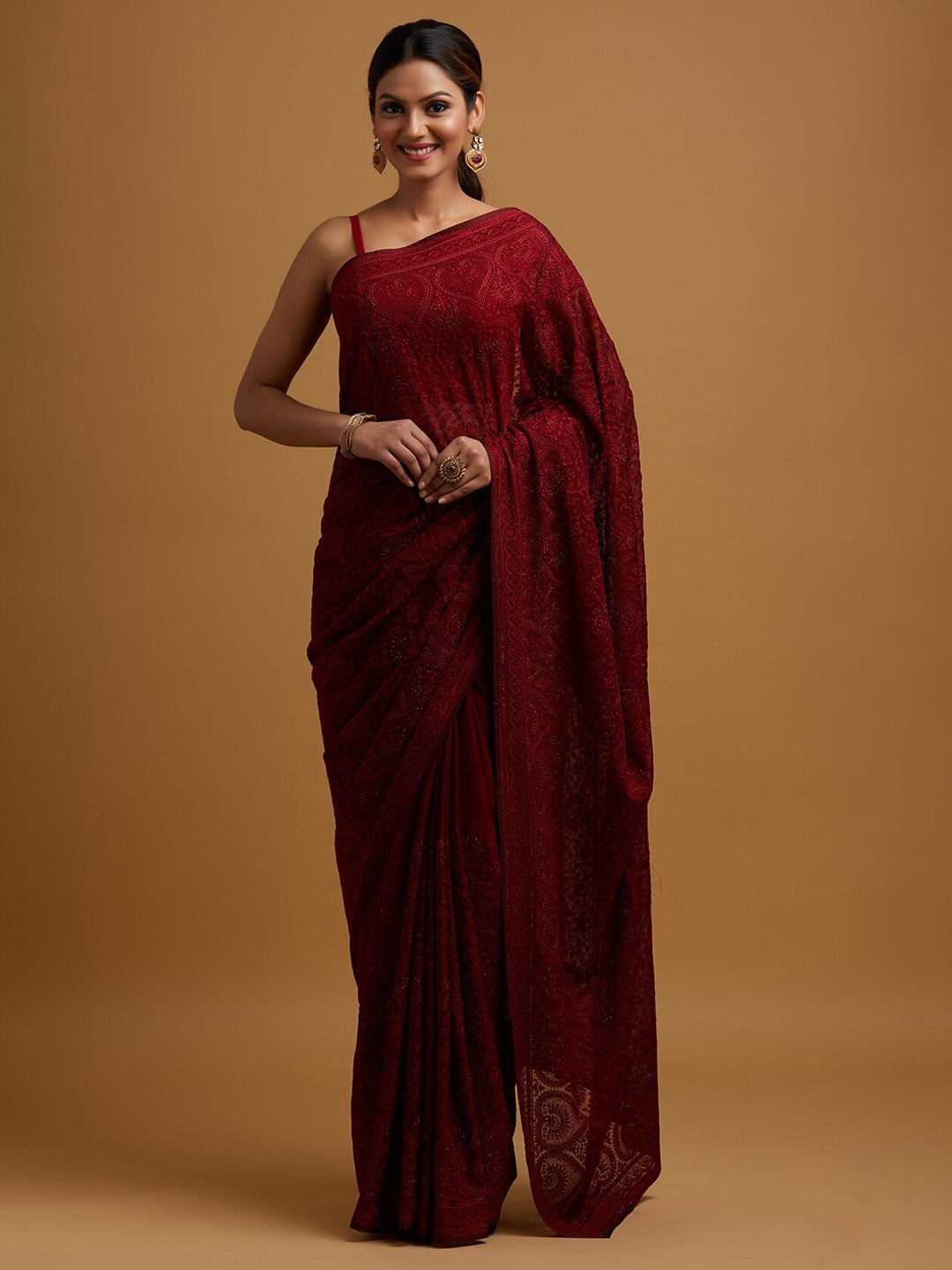 

Koskii Maroon Floral Embroidered Saree