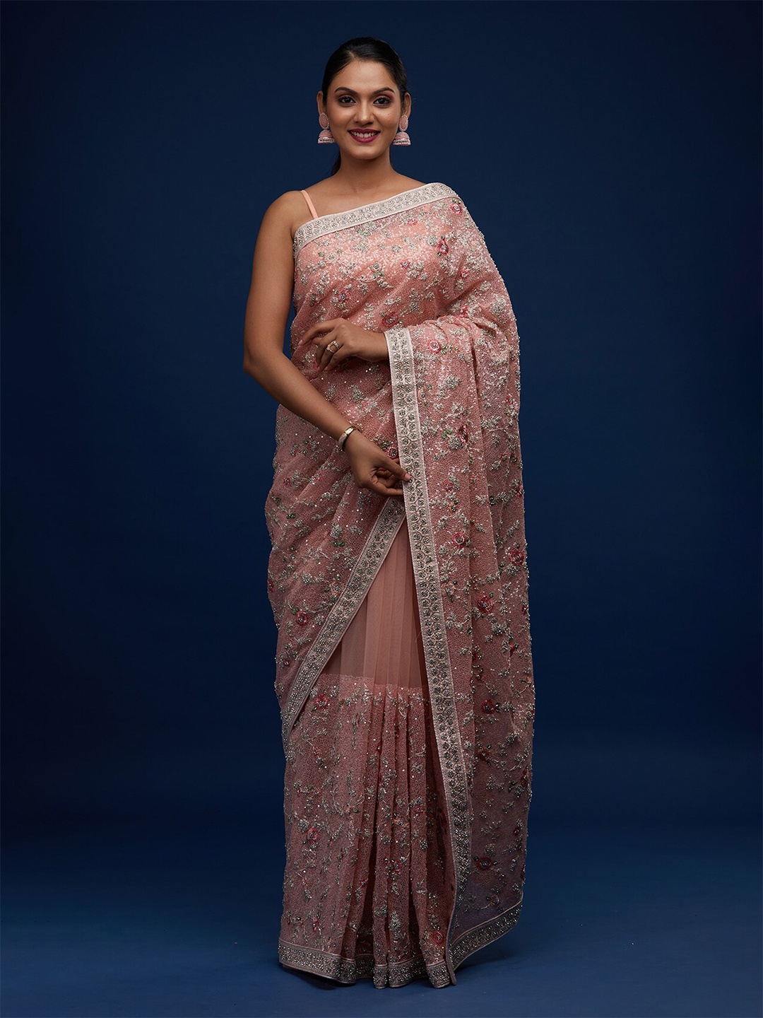 

Koskii Peach-Coloured & Silver-Toned Embellished Sequinned Supernet Saree