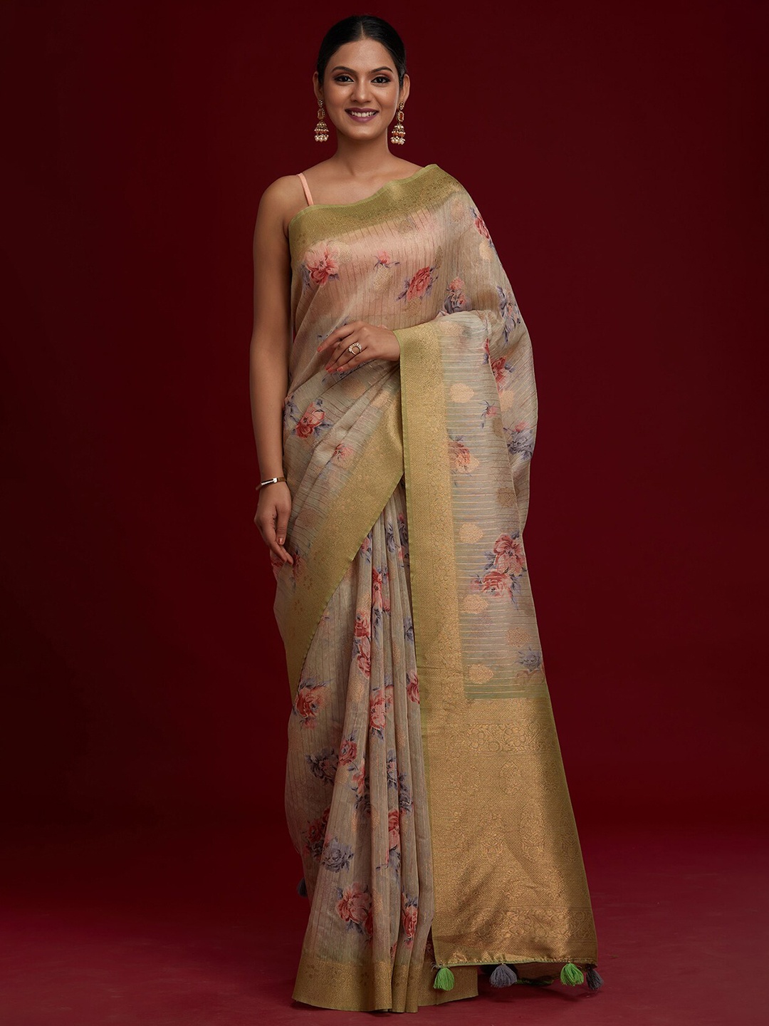 

Koskii Green & Pink Floral Zari Art Silk Saree