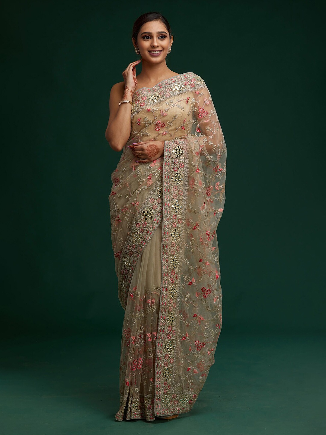 

Koskii Green & Pink Embellished Gotta Patti Supernet Saree