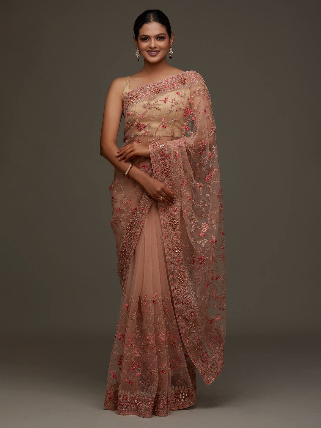 

Koskii Peach-Coloured & Pink Embellished Embroidered Supernet Saree
