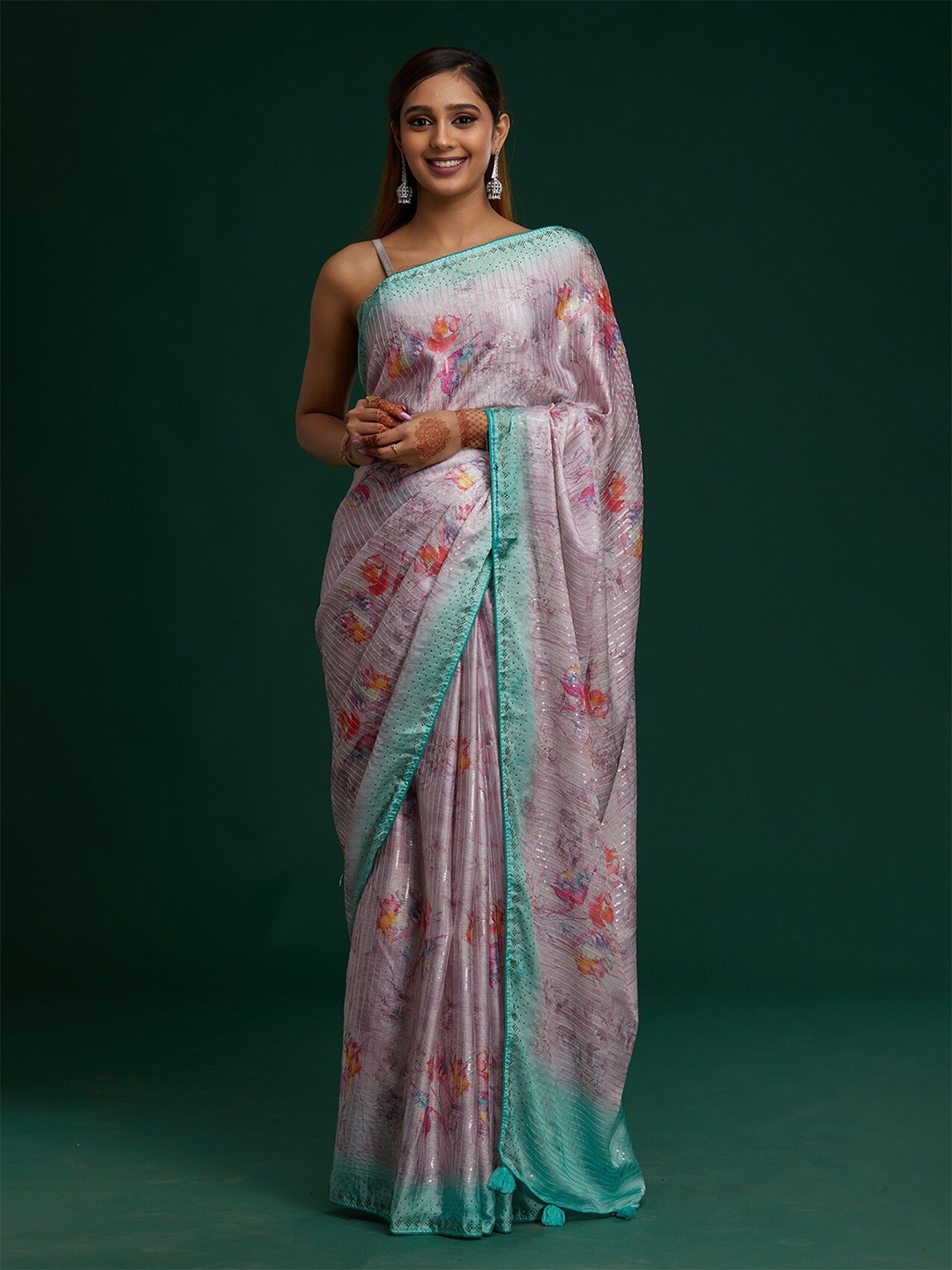 

Koskii Pink & Blue Floral Sequinned Art Silk Saree