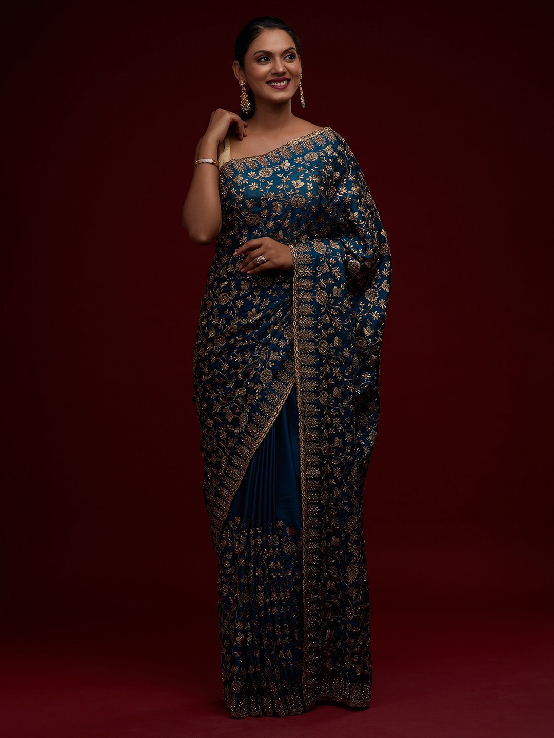 

Koskii Blue & Silver-Toned Floral Embroidered Saree