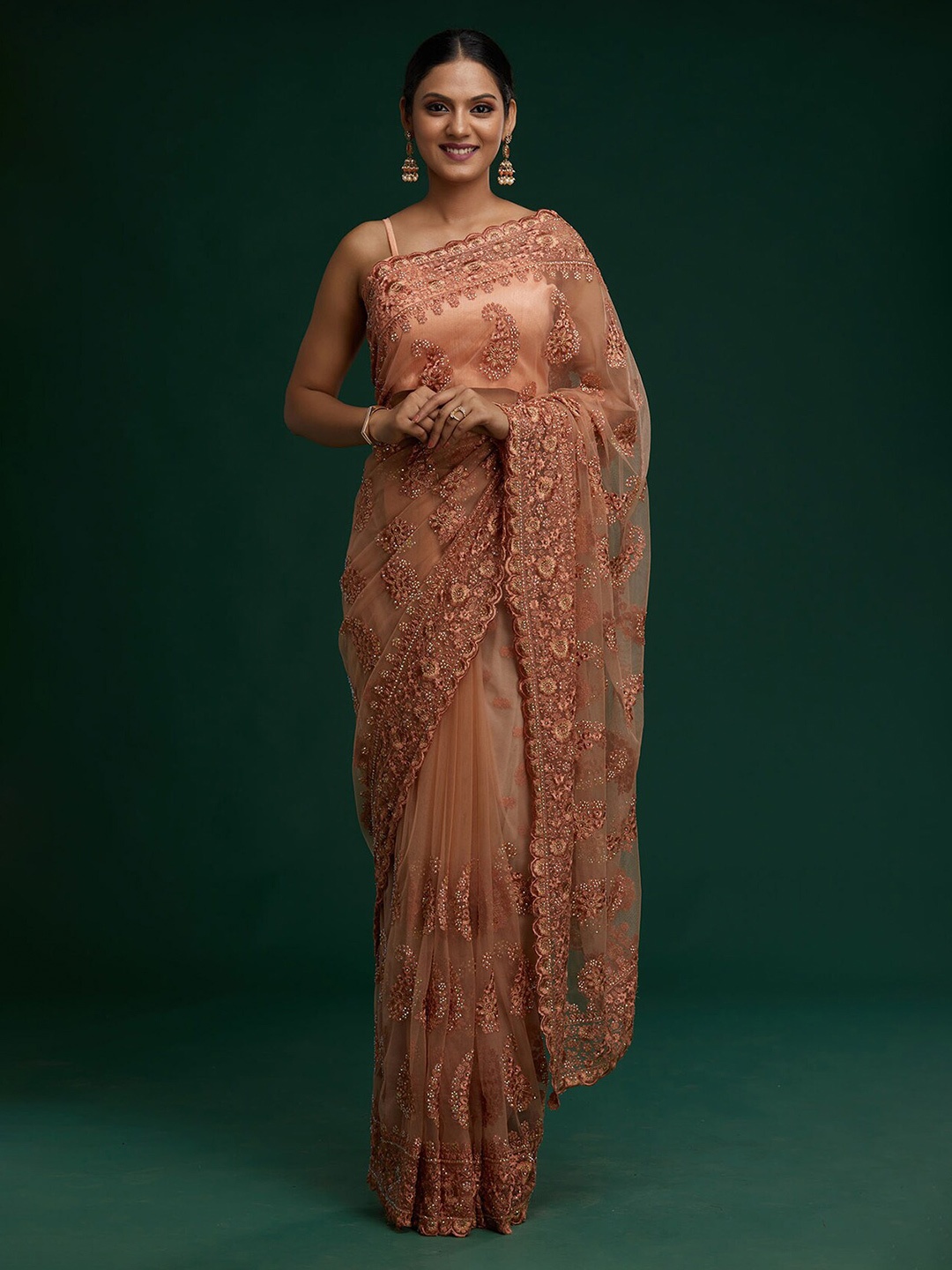 

Koskii Peach-Coloured Embellished Embroidered Supernet Saree
