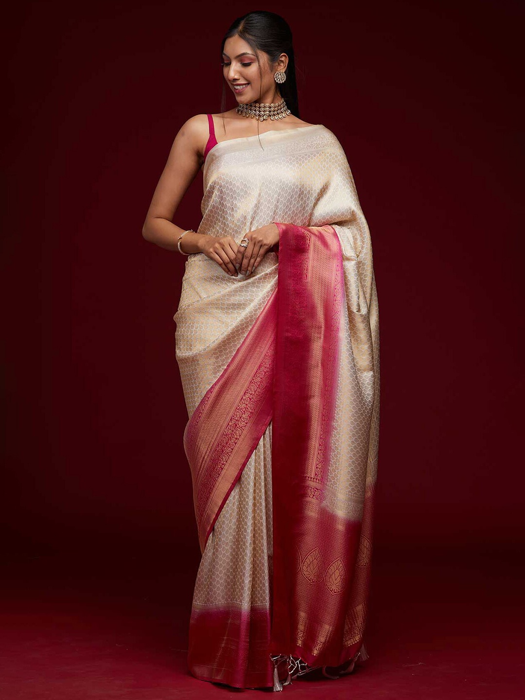 

Koskii Cream-Coloured & Pink Woven Design Zari Brocade Banarasi Saree