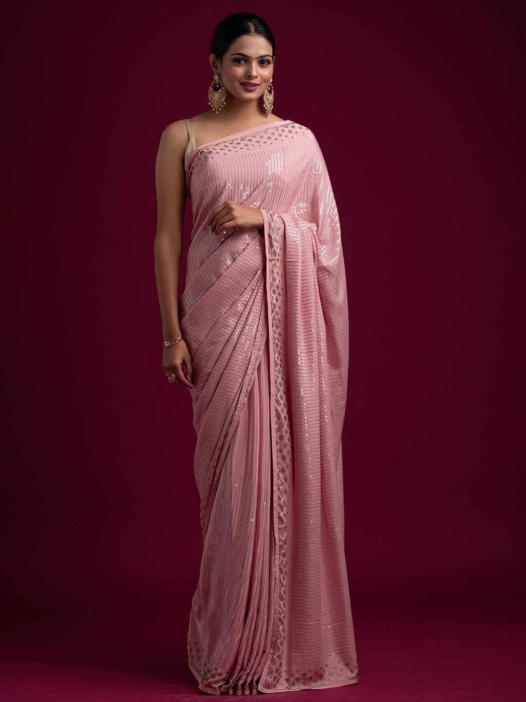 

Koskii Pink & Silver-Toned Embellished Beads and Stones Saree