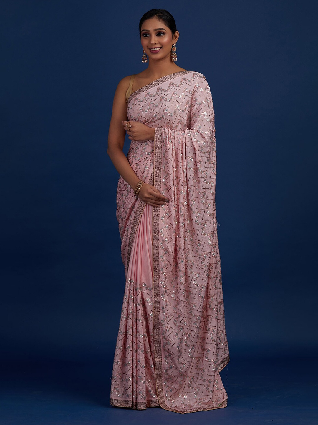 

Koskii Pink & Silver-Toned Embellished Sequinned Saree