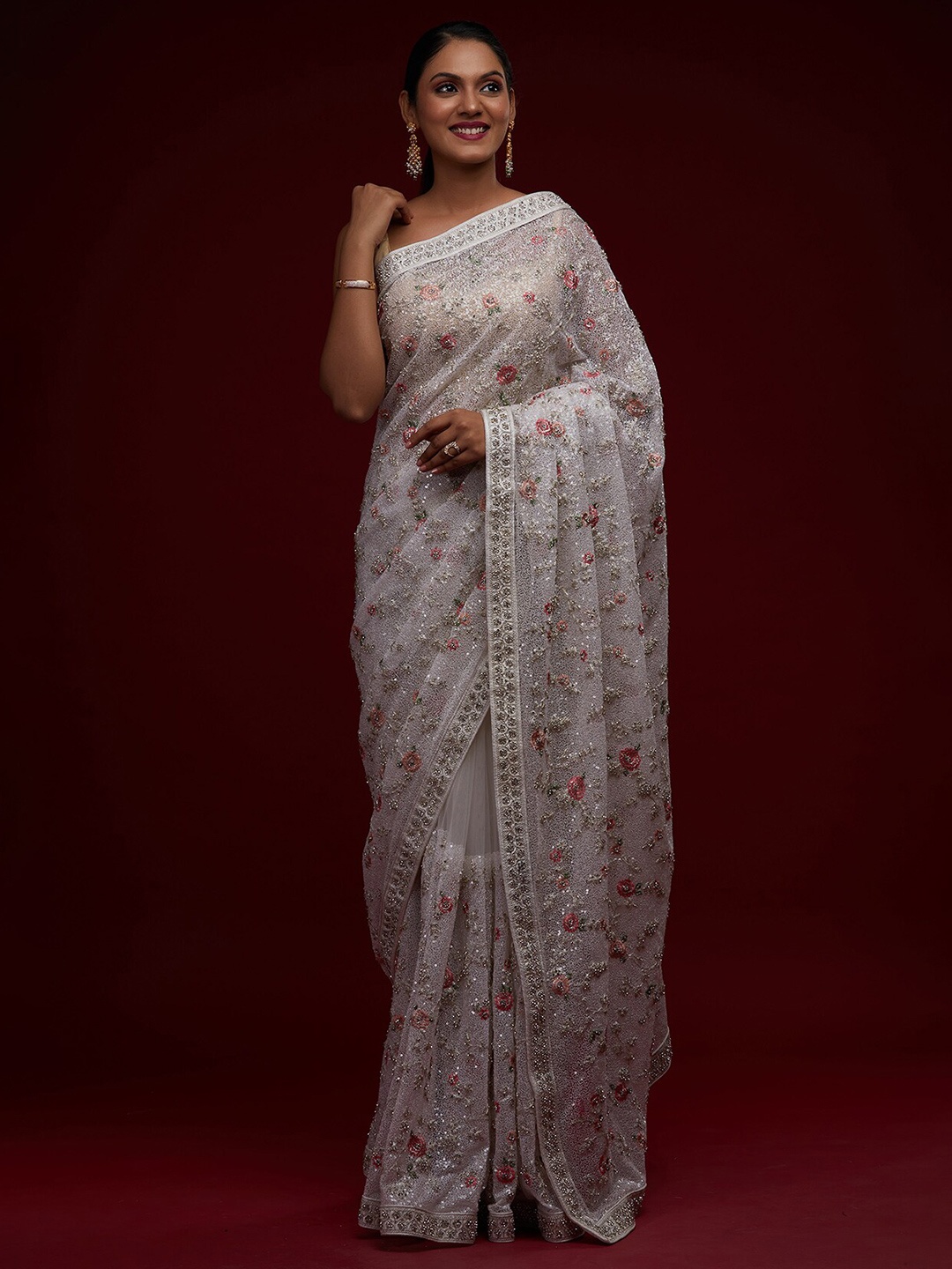 

Koskii White & Pink Embellished Beads and Stones Supernet Saree