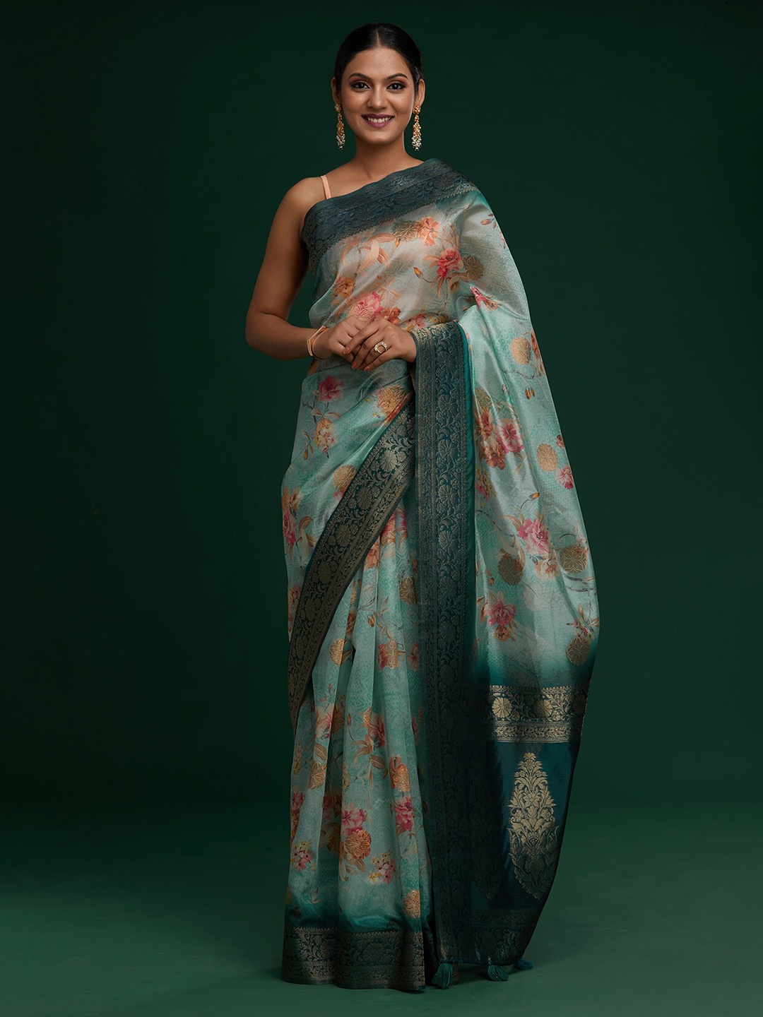 

Koskii Green & Pink Floral Zari Art Silk Saree