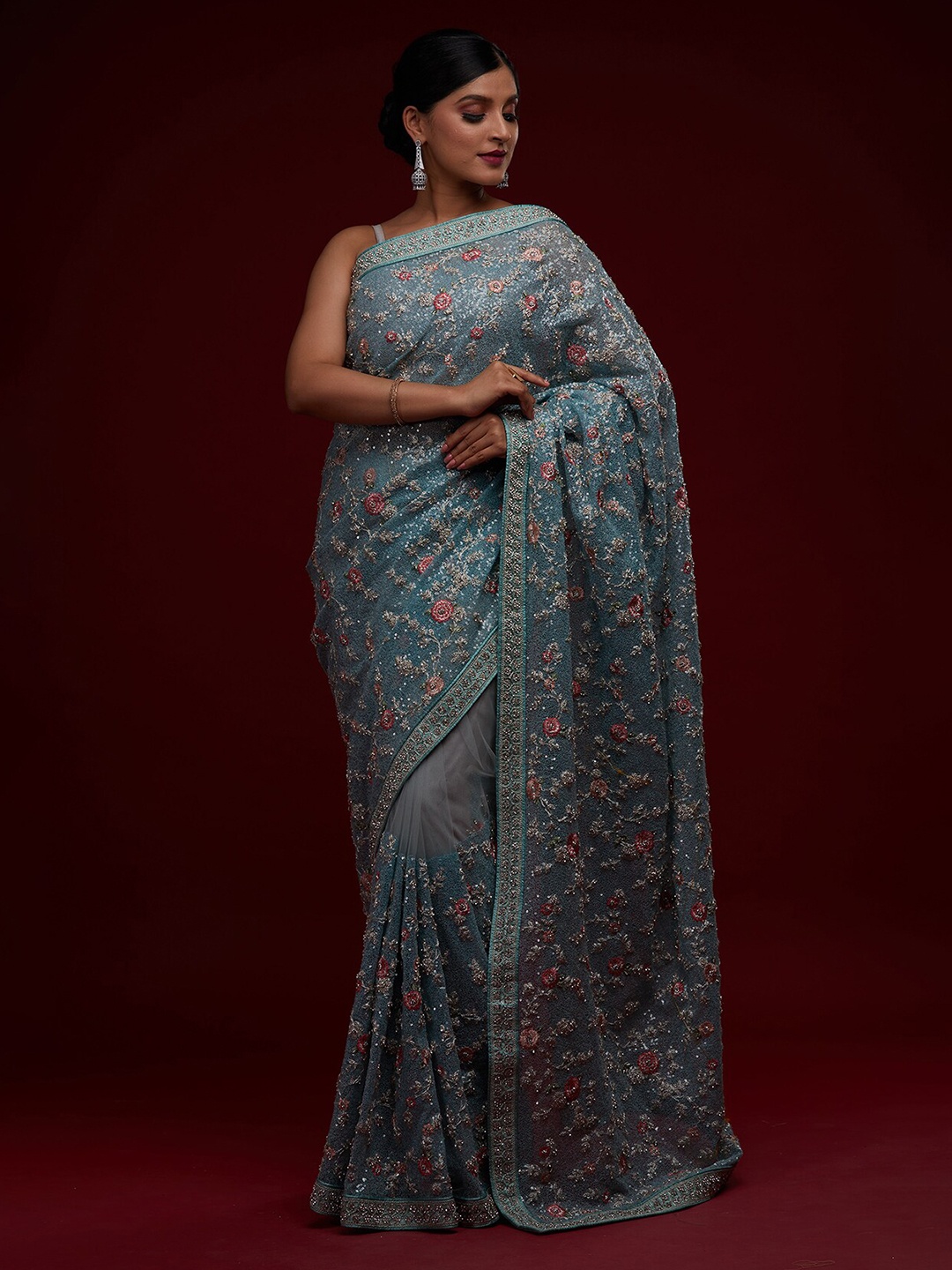 

Koskii Green & Pink Floral Sequinned Supernet Saree