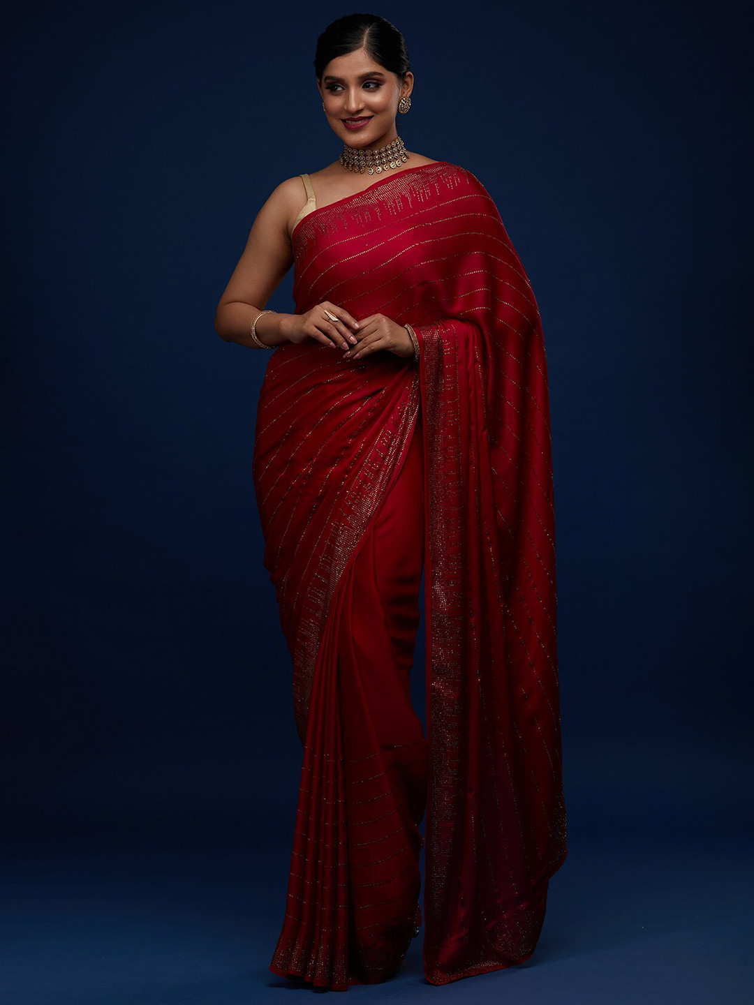 

Koskii Pink Striped Beads and Stones Satin Saree