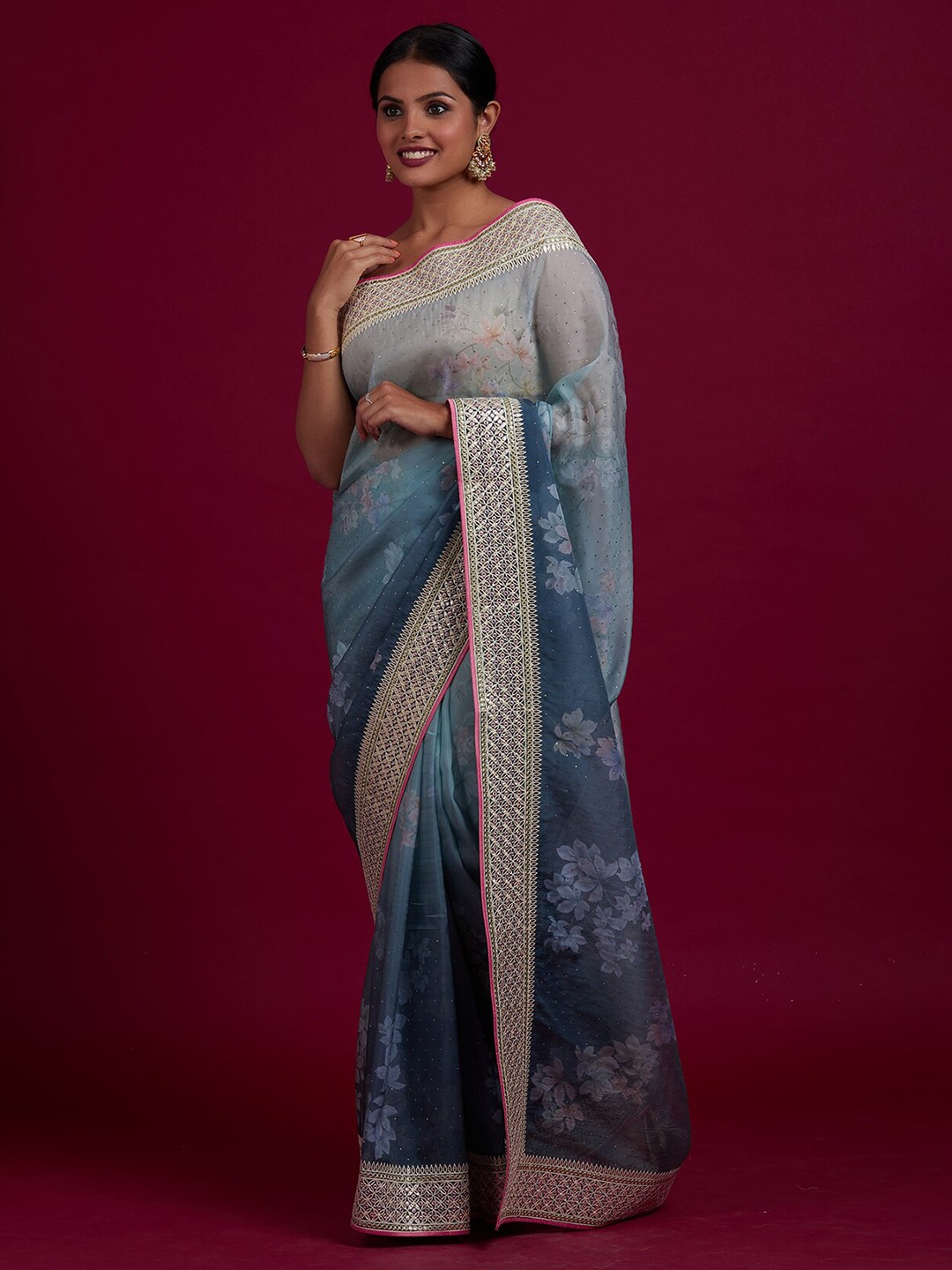 

Koskii Green & Pink Floral Beads and Stones Saree