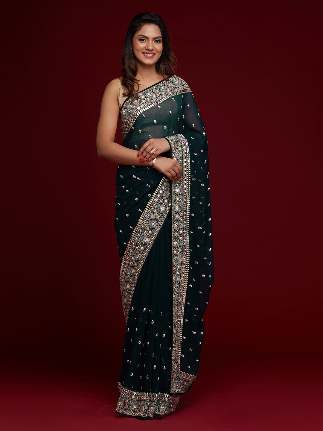 

Koskii Blue & Pink Floral Embroidered Saree