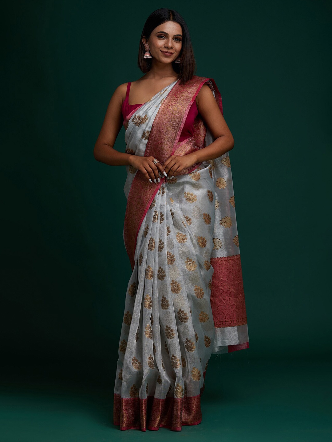 

Koskii Grey & Pink Woven Design Zari Tissue Banarasi Saree