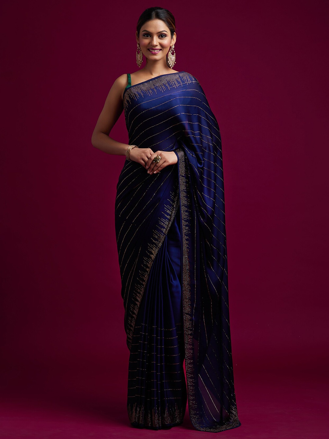 

Koskii Navy Blue Striped Satin Saree