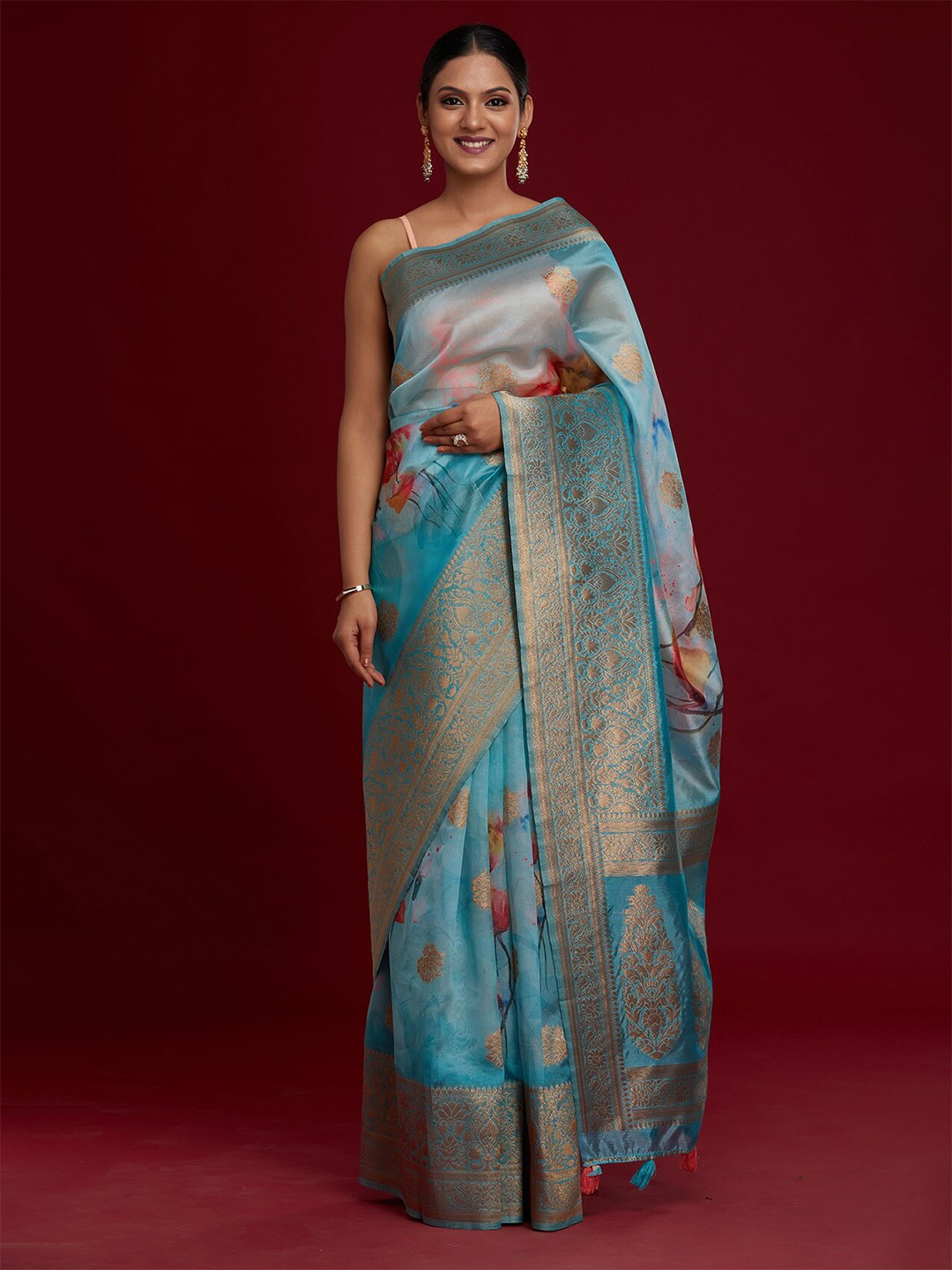 

Koskii Blue & Gold-Toned Floral Zari Art Silk Saree