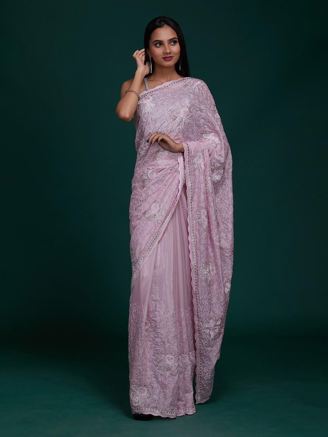

Koskii Pink Floral Beads and Stones Tissue Saree