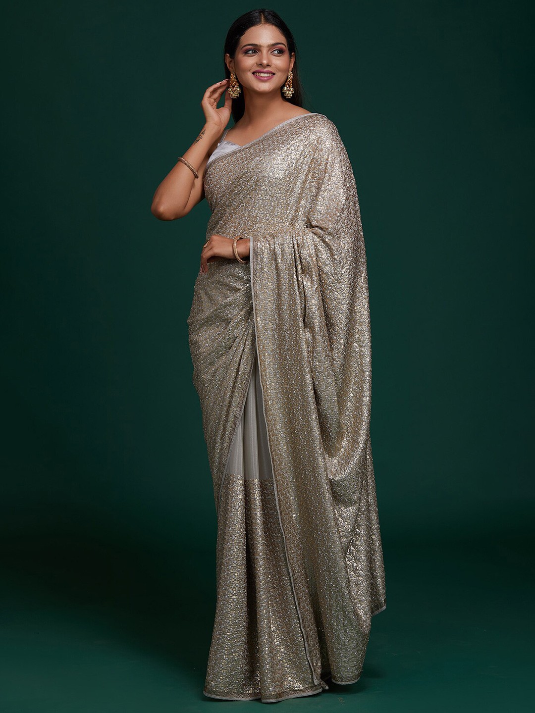 

Koskii Blue Embellished Sequinned Supernet Saree