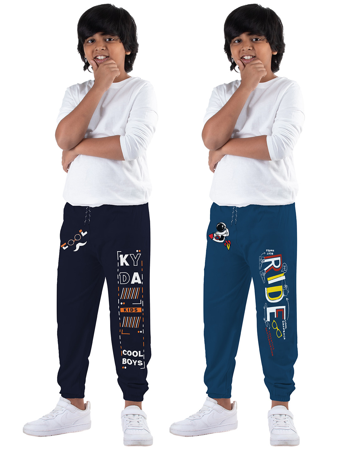 

KYDA KIDS Boys Navy Blue & Teal Blue Pack Of 2 Printed Cotton Joggers