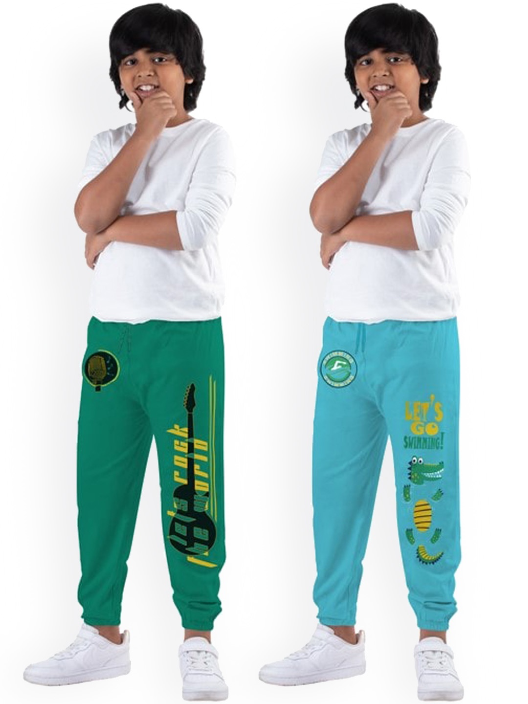 

KYDA KIDS Boys Green & Blue Pack Of 2 Printed Cotton Joggers