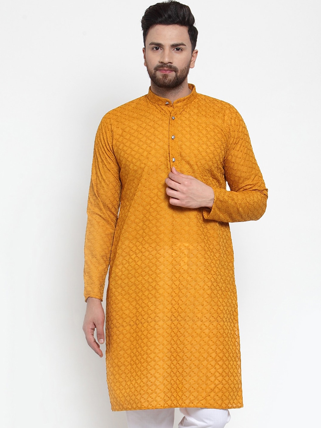 

Jompers Men Mustard Yellow Thread Work Kurta