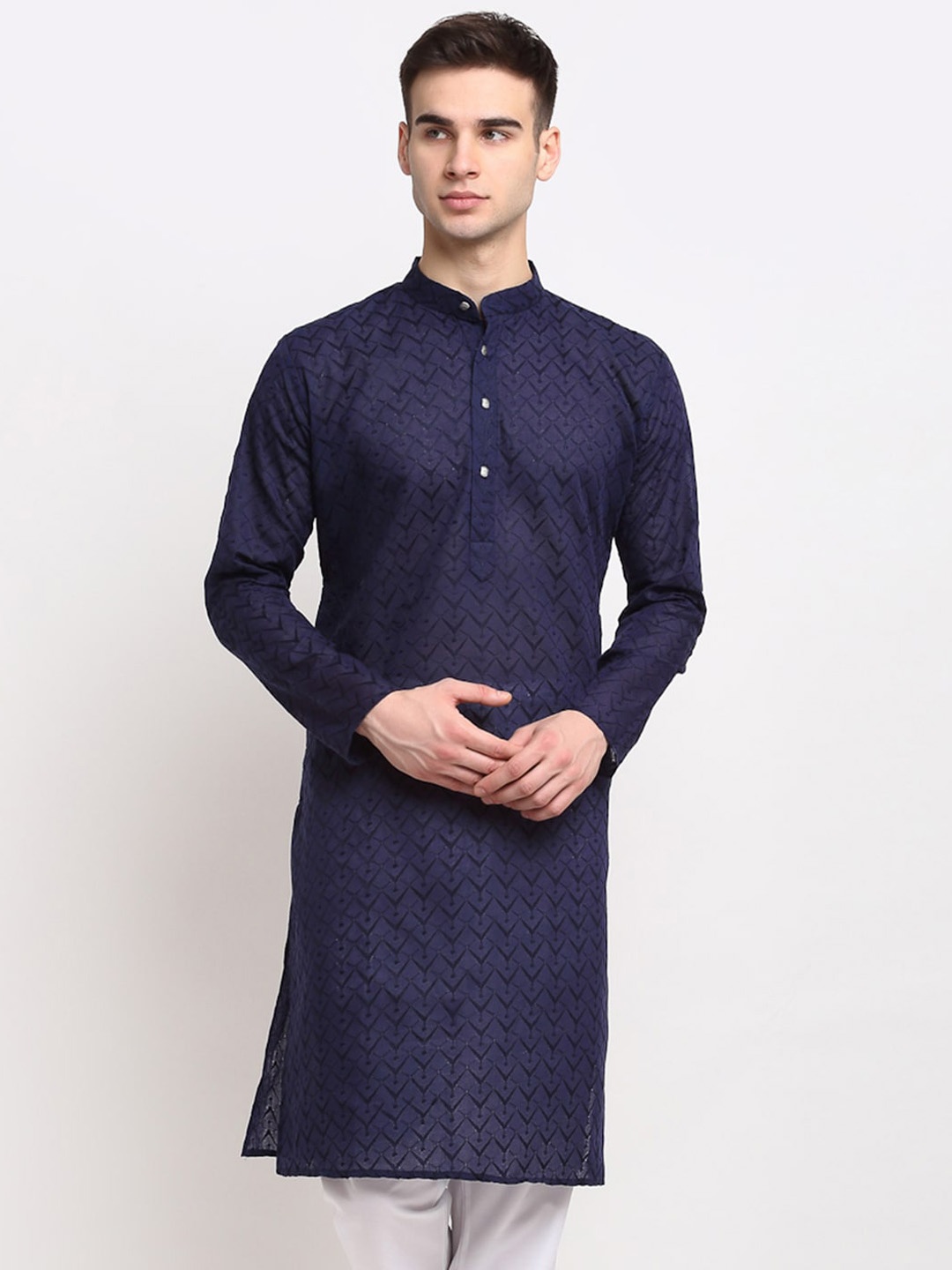 

Jompers Men Navy Blue Thread Work Cotton Kurta