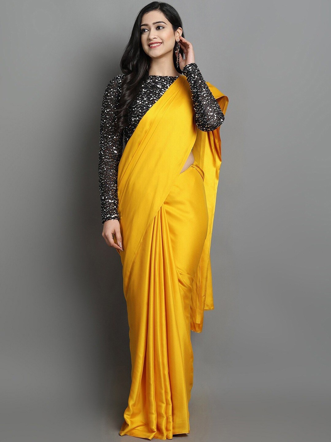 

Globon Impex Yellow Sequinned Satin Saree