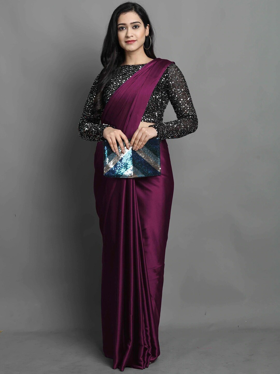 

Globon Impex Magenta Sequinned Satin Saree