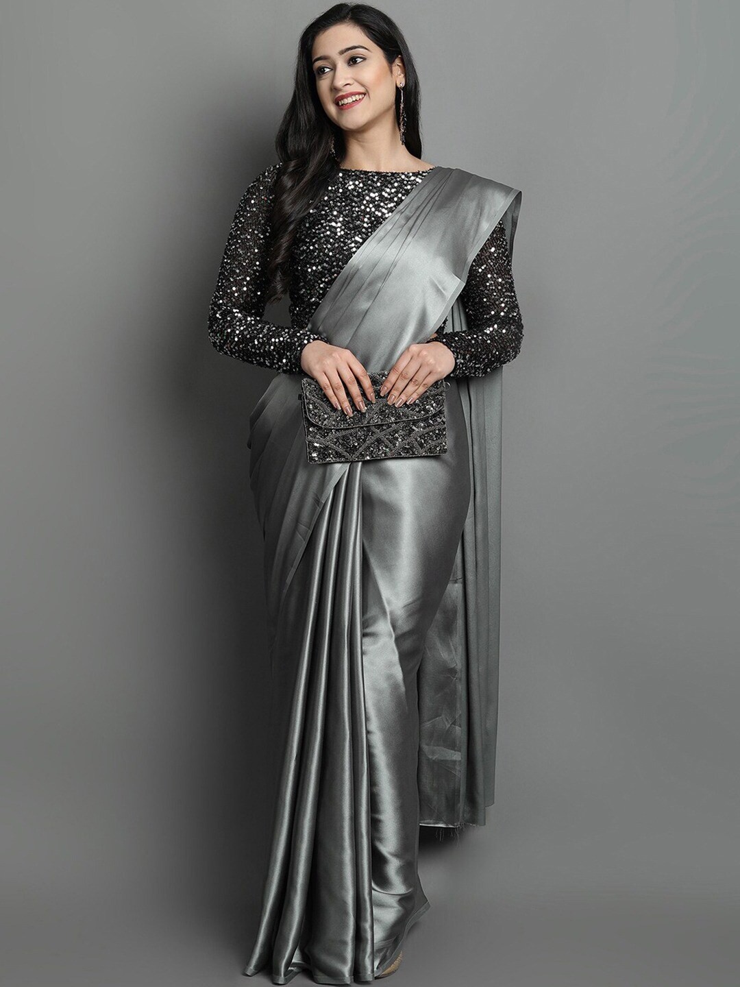 

Globon Impex Grey & Silver-Toned Sequinned Satin Saree