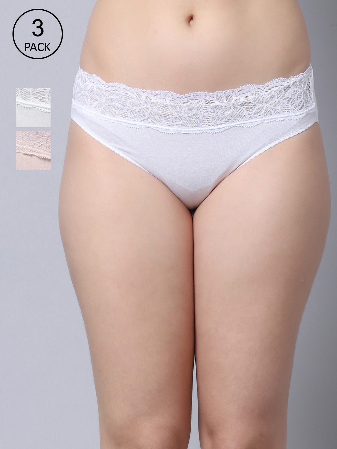 

GRACIT Women Pack Of 3 Solid Seamless Lace Hipster Briefs, White