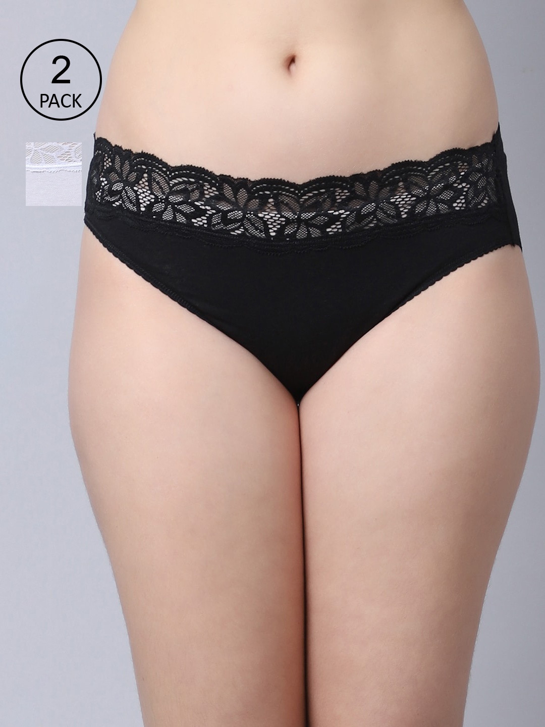 

GRACIT Women Pack Of 2 Black & White Solid Hipster Lace Briefs