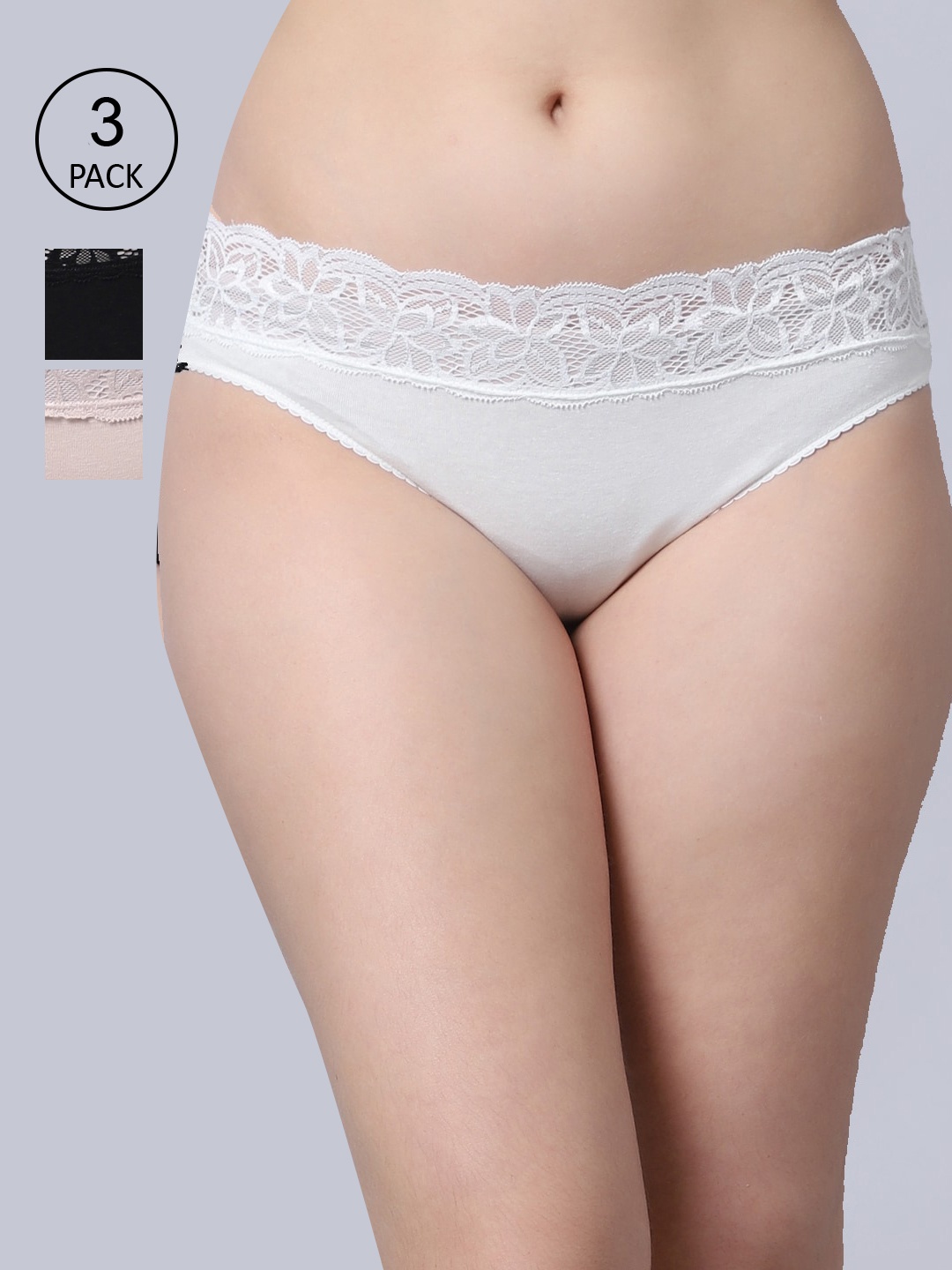 

GRACIT Women Pack Of 3 Solid Cotton Lycra With Lace Hipster Briefs, Black