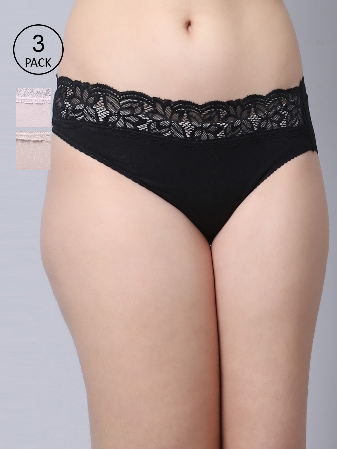 

GRACIT Women Pack Of 3 Black & Pink Solid Cotton Lycra With Lace Hipster Briefs