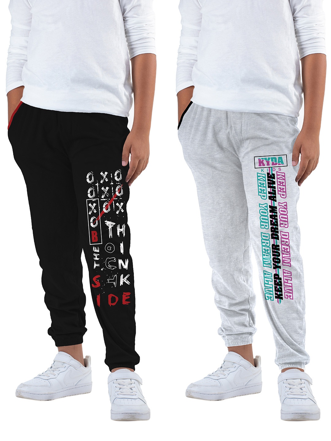 

KYDA KIDS Boys Black & Grey Melange Pack Of 2 Printed Cotton Joggers