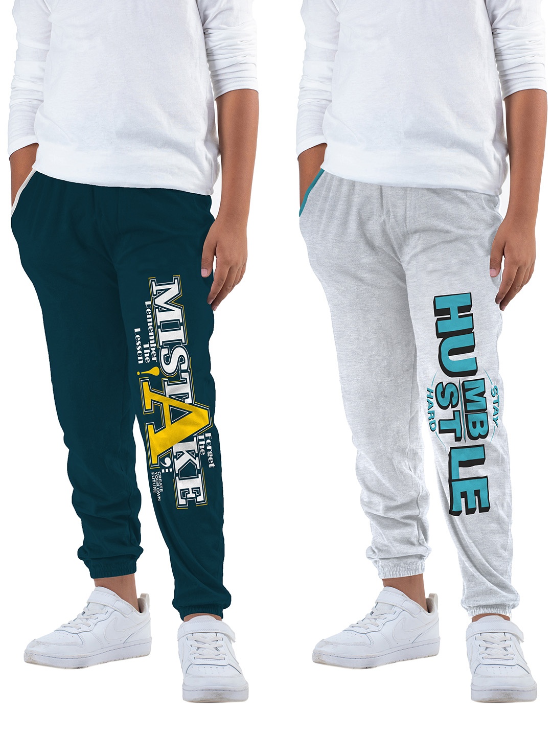 

KYDA KIDS Boys Teal Blue & Grey Melange Pack Of 2 Printed Cotton Joggers