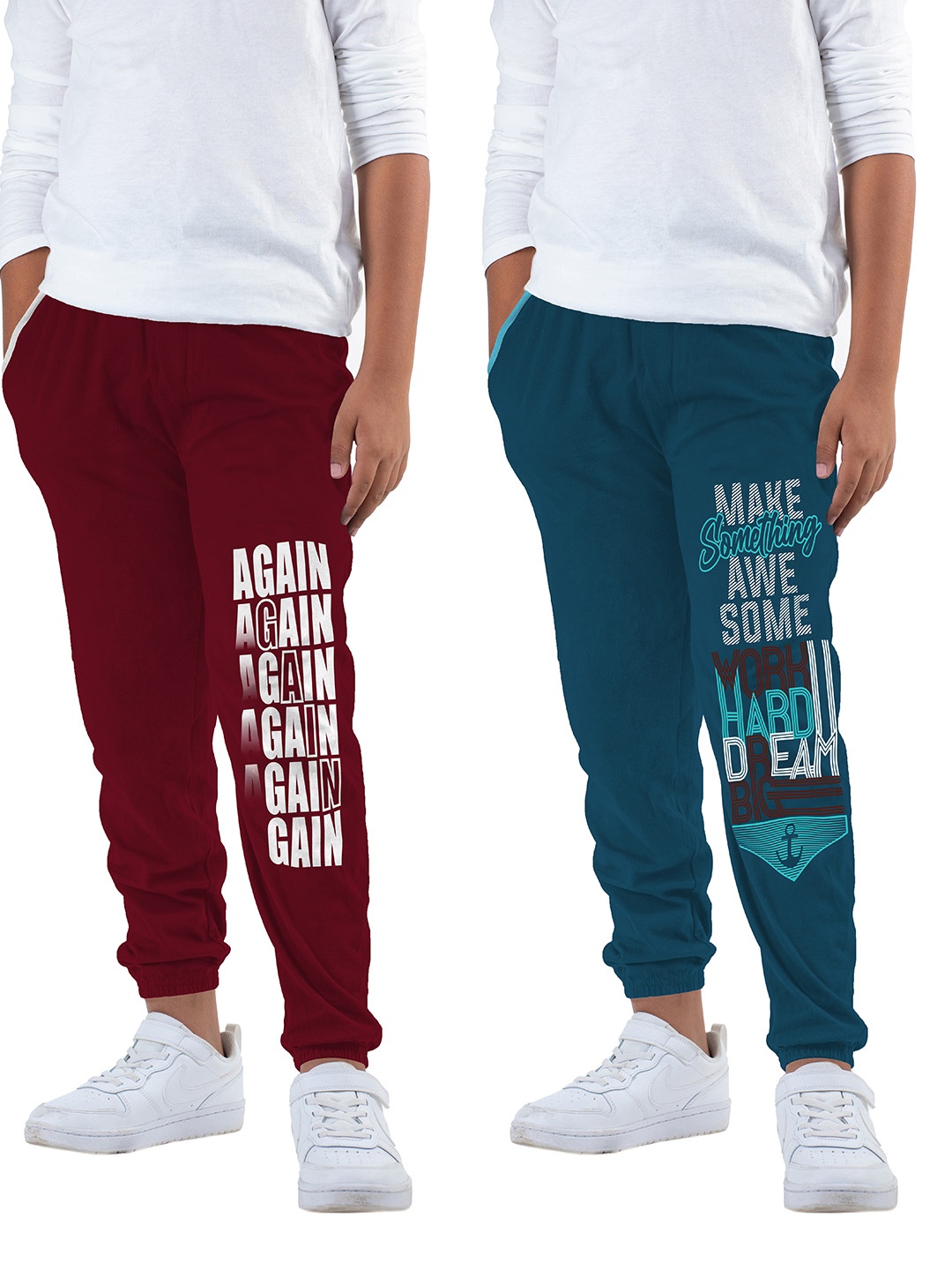 

KYDA KIDS Boys Maroon & Teal Blue Pack Of 2 Printed Cotton Joggers