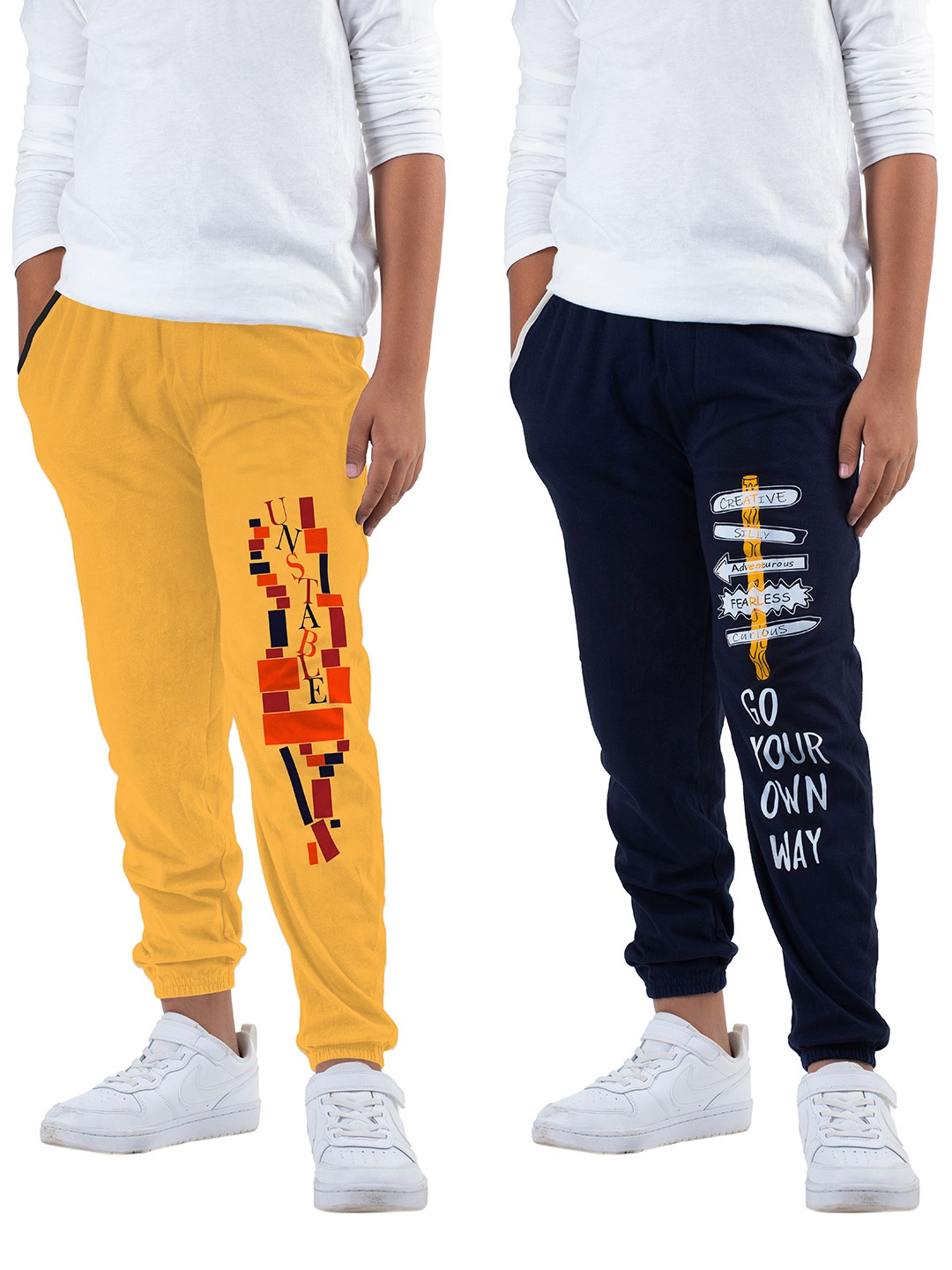 

KYDA KIDS Boys Yellow & Navy Blue Pack Of 2 Printed Cotton Joggers