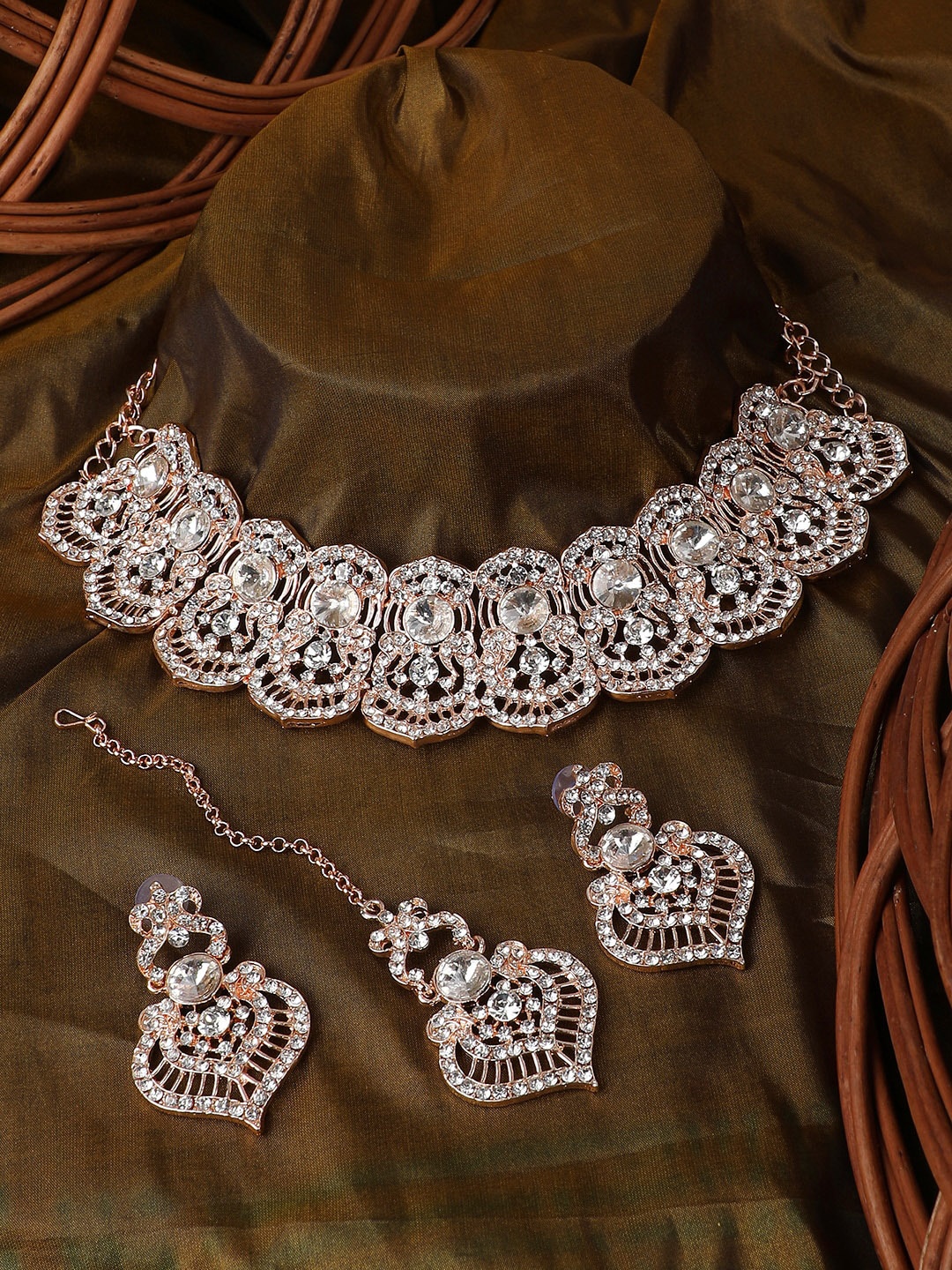 

Bhana Fashion Rose Gold-Plated White AD Studded Jewellery Set