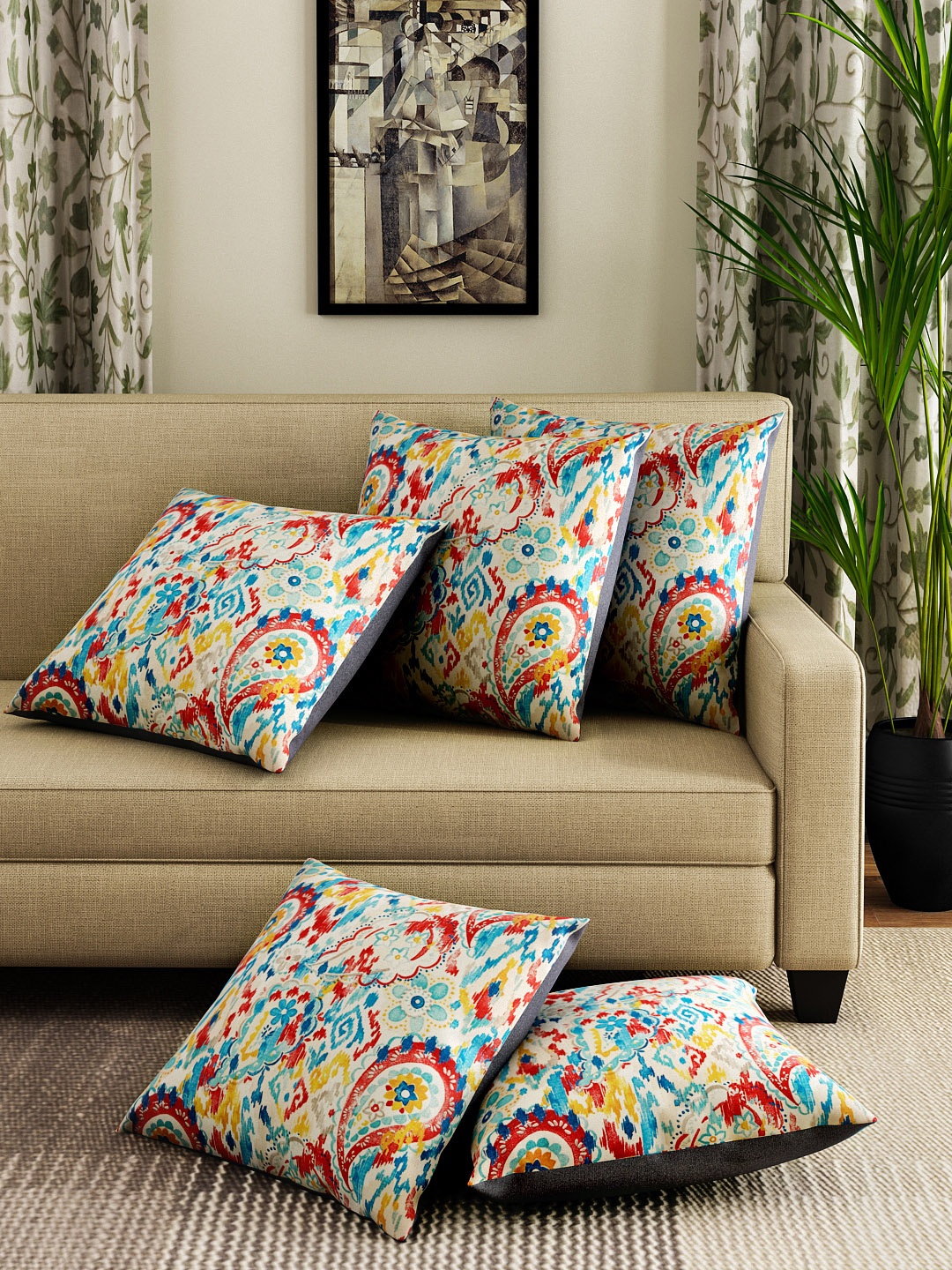 

HOUZZCODE Set of 5 Multicoloured Printed 12'' x 12'' Square Cushion Covers, Multi