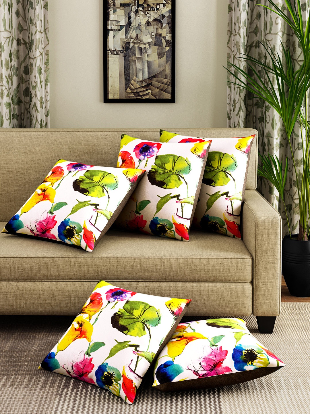 

HOUZZCODE Multicoloured Set of 5 Floral Print 12'' x 12'' Square Cushion Covers, Multi