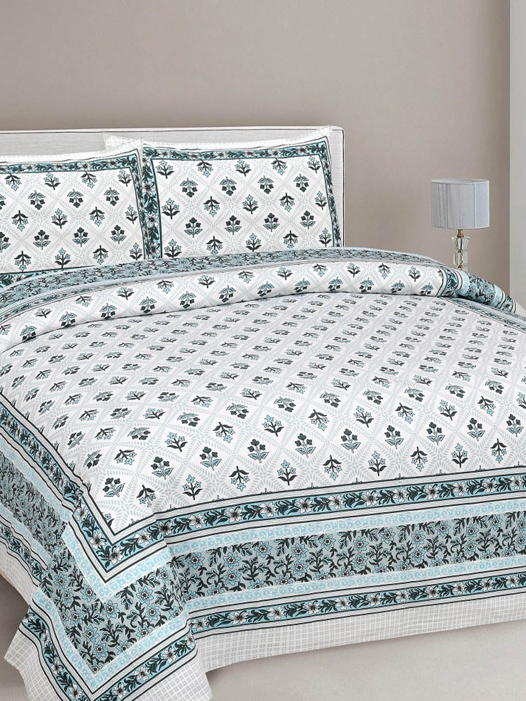 

INDHOME LIFE White & Green Floral 220 TC King Bedsheet with 2 Pillow Covers