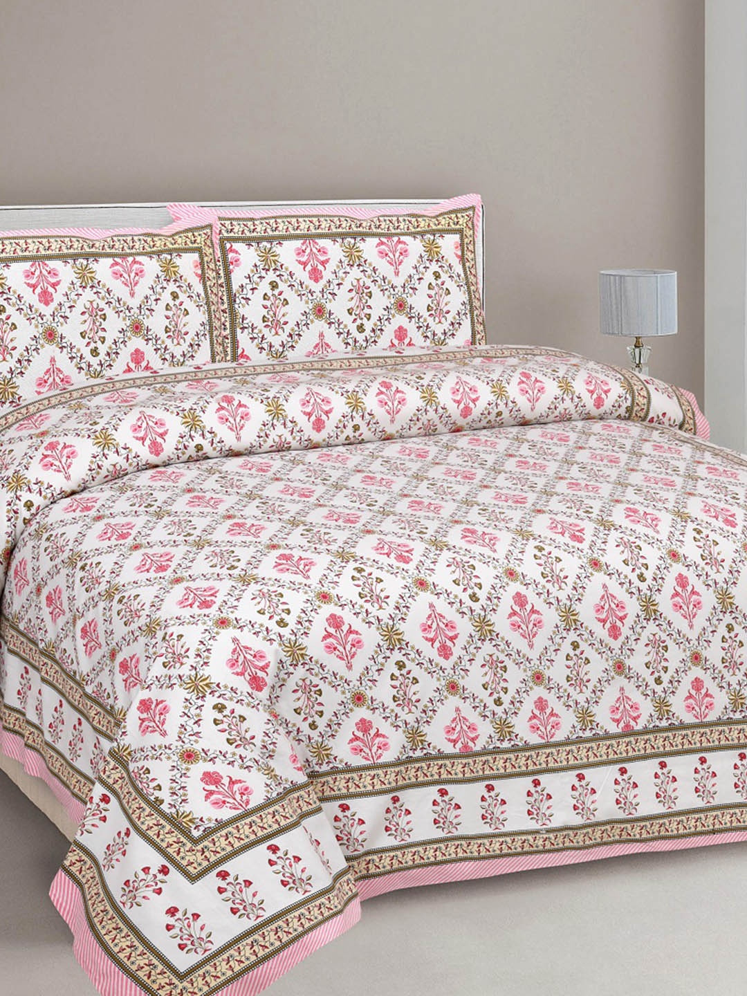 

INDHOME LIFE White & Pink Floral 220 TC King Bedsheet with 2 Pillow Covers