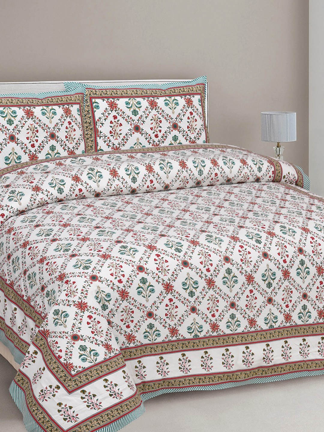 

INDHOME Life 100% Cotton Jaipuri Printed White & Beige King Size Double Bedsheet
