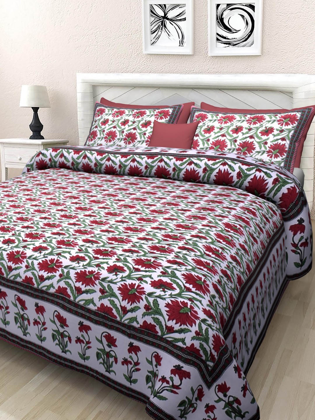 

INDHOME LIFE White & Red Floral 220 TC King Bedsheet with 2 Pillow Covers