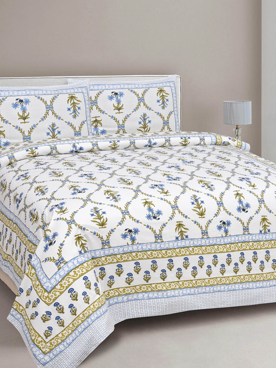 

INDHOME LIFE Off White & Blue Ethnic Motifs 220 TC King Bedsheet with 2 Pillow Covers