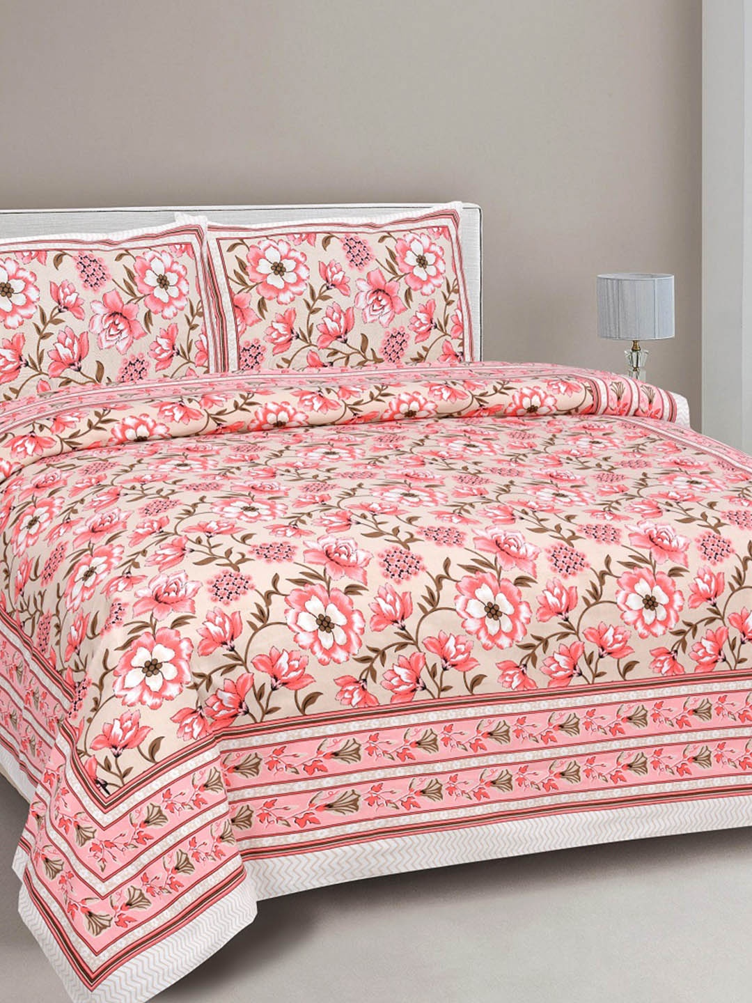 

INDHOME LIFE Beige & Pink Floral 220 TC King Bedsheet with 2 Pillow Covers