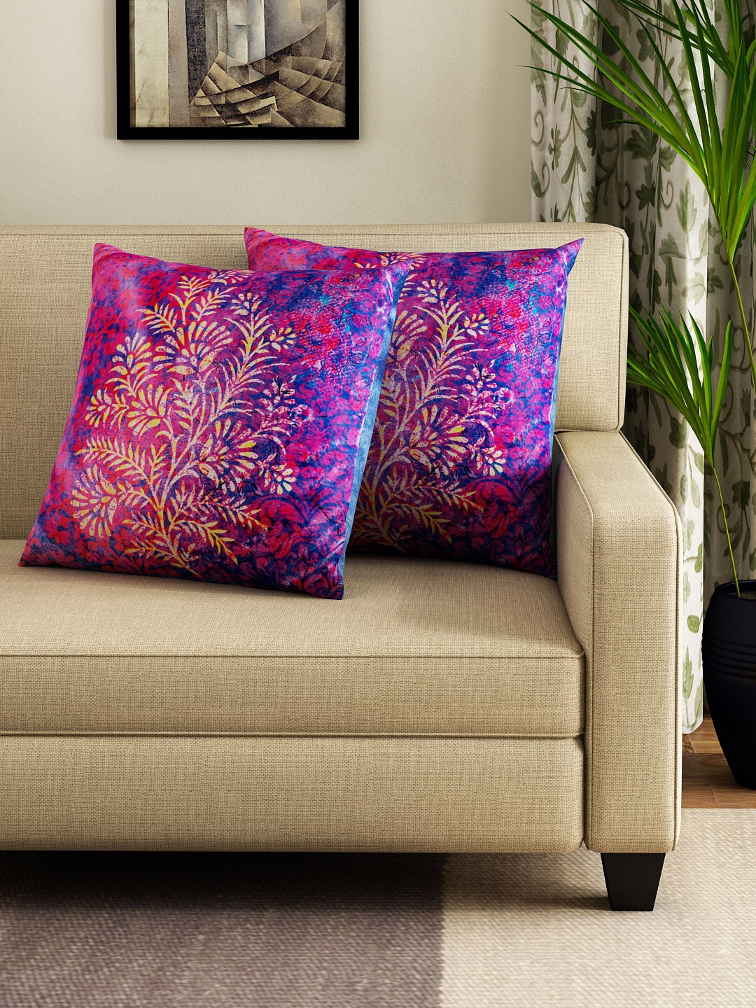 

HOUZZCODE Set of 2 Pink & Blue Printed 16" x 16" Square Cushion Covers